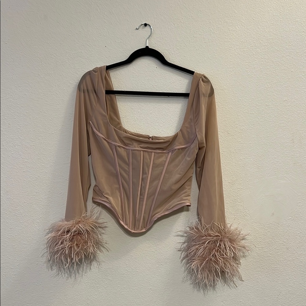 House of CB Beige Feather Cuff Corset Top